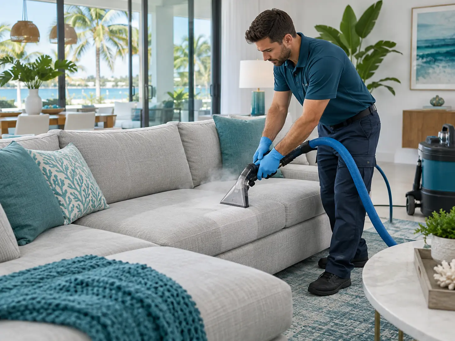 Illustrative image of upholstery cleaning in a bright living room